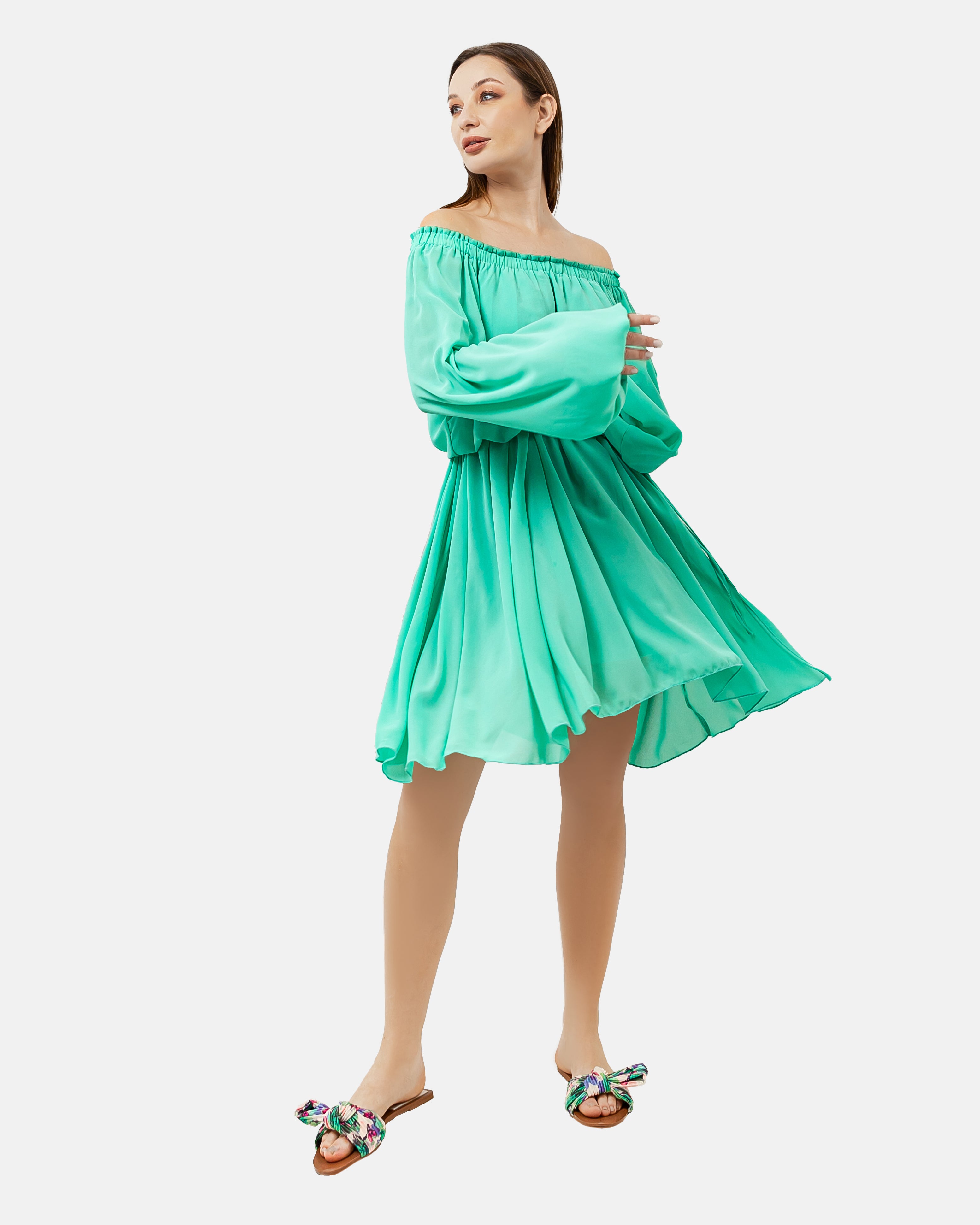 Turquoise CHIFFON Beach-Babe Off Shoulder Dress S24081