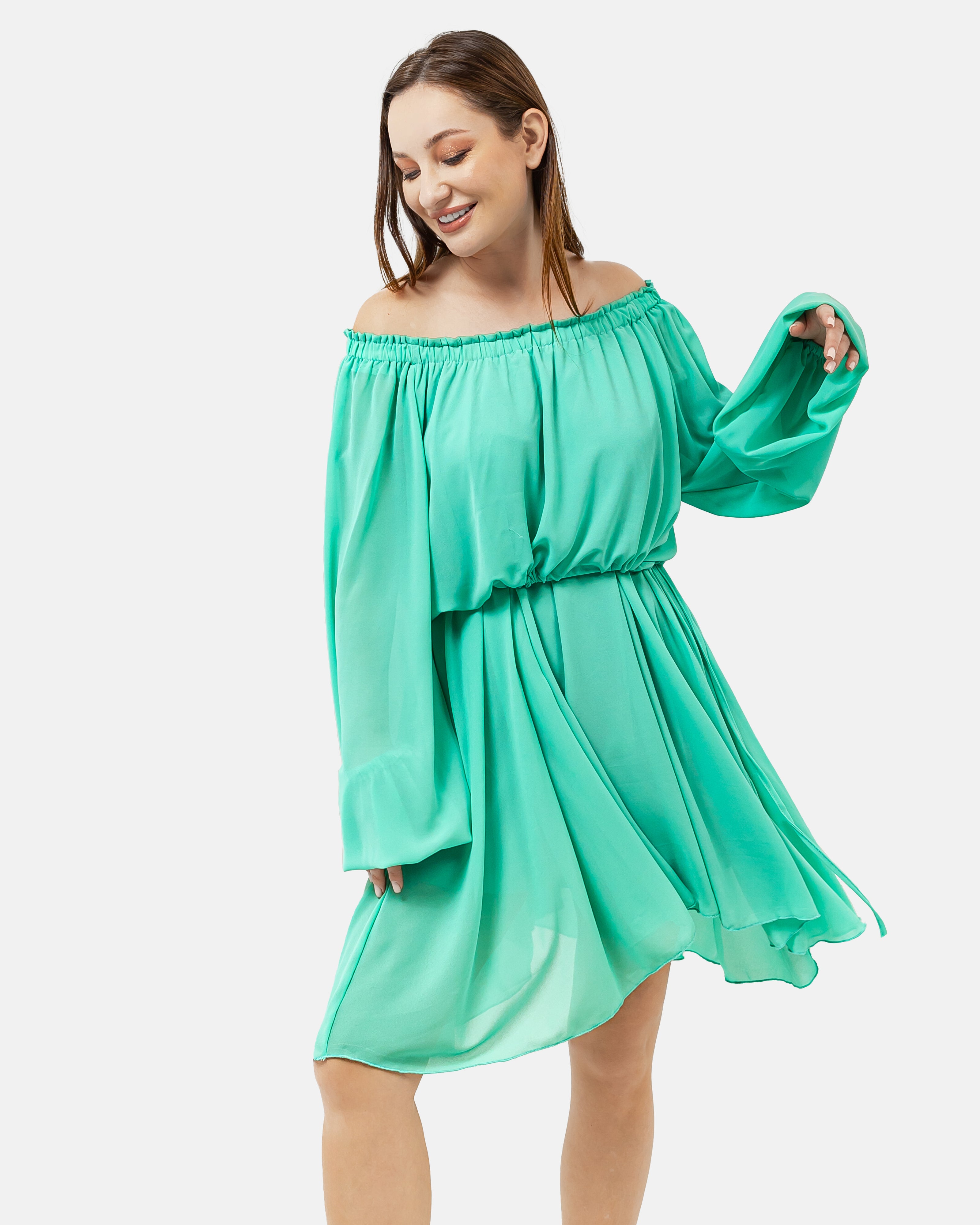 Turquoise CHIFFON Beach-Babe Off Shoulder Dress S24081