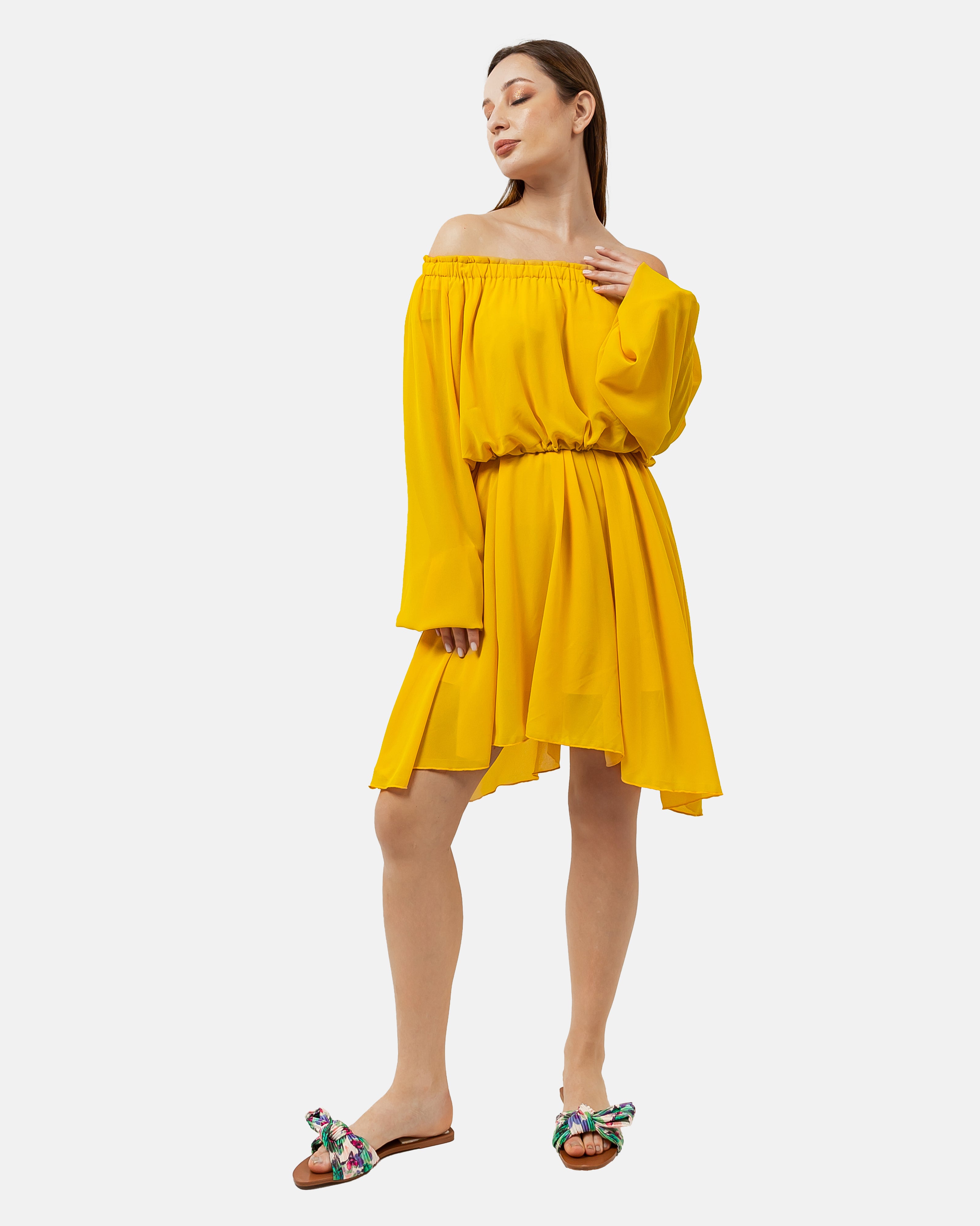 Yellow CHIFFON Beach-Babe Off Shoulder Dress  S24081