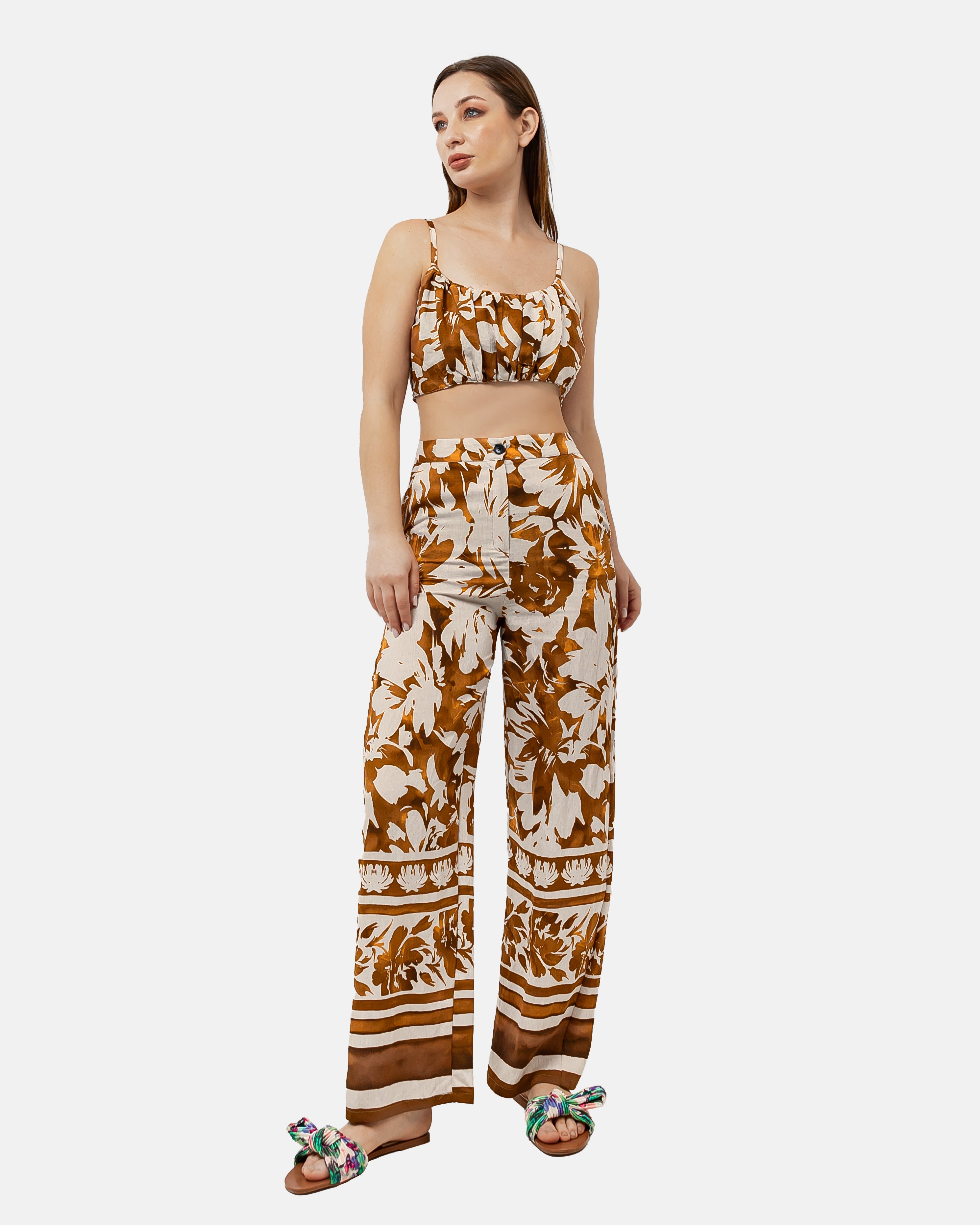 BROWN LINEN PRINTED PANTS S24022