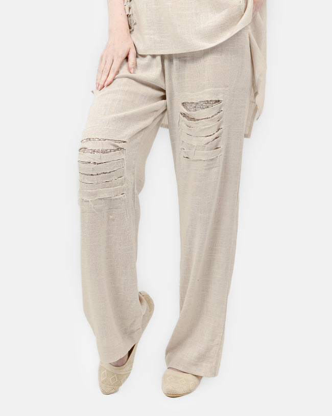 NATURAL Linen ELASTIC WAIST PANT  WITH SEQUIN S24070