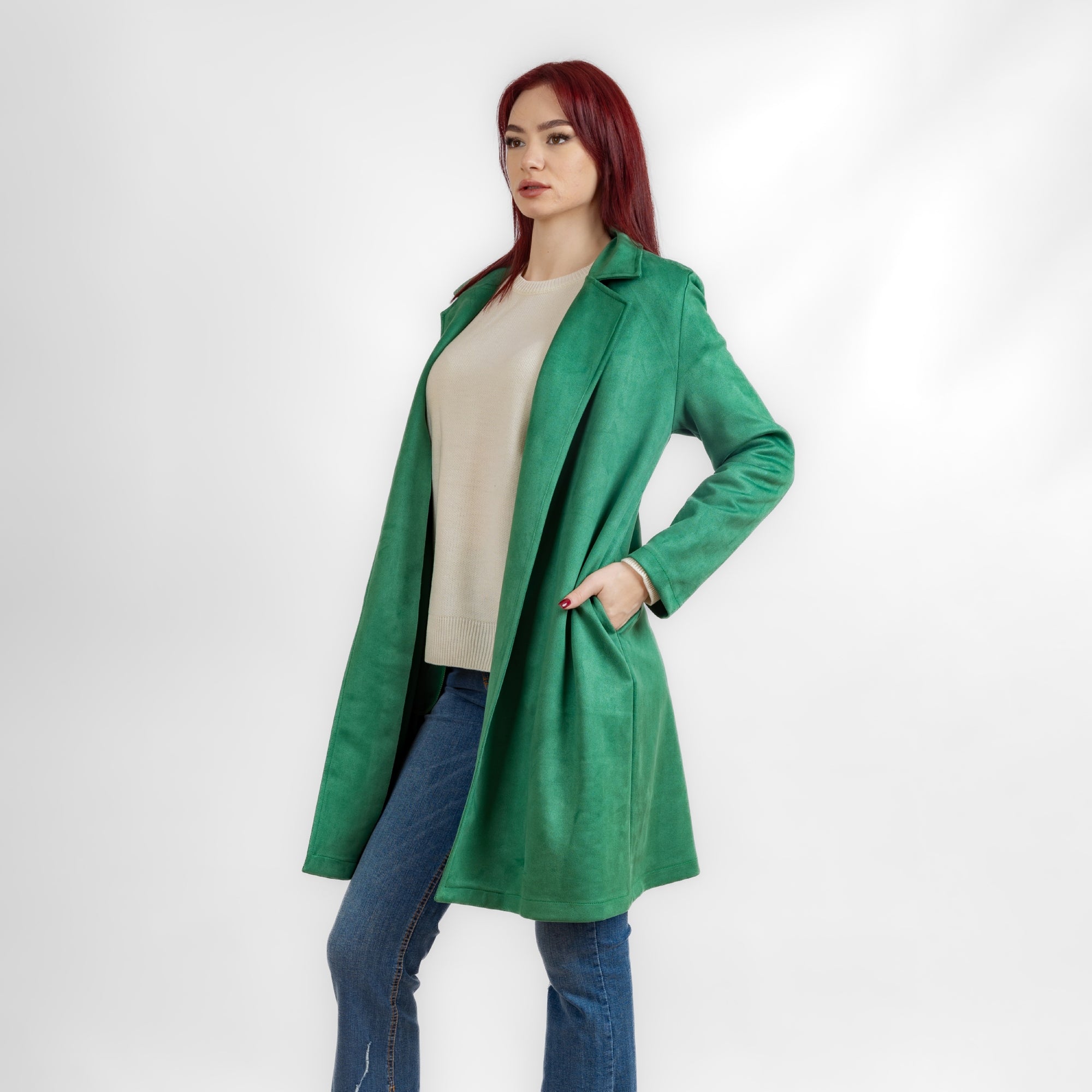 Green suede open coat with collar w23014