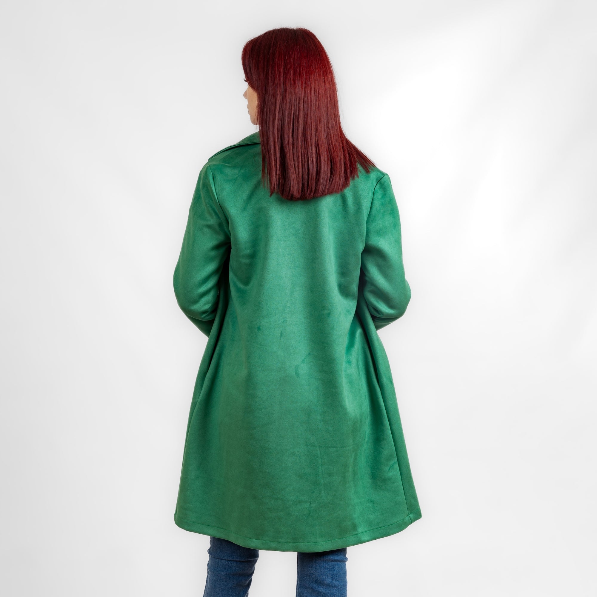 Green suede open coat with collar w23014