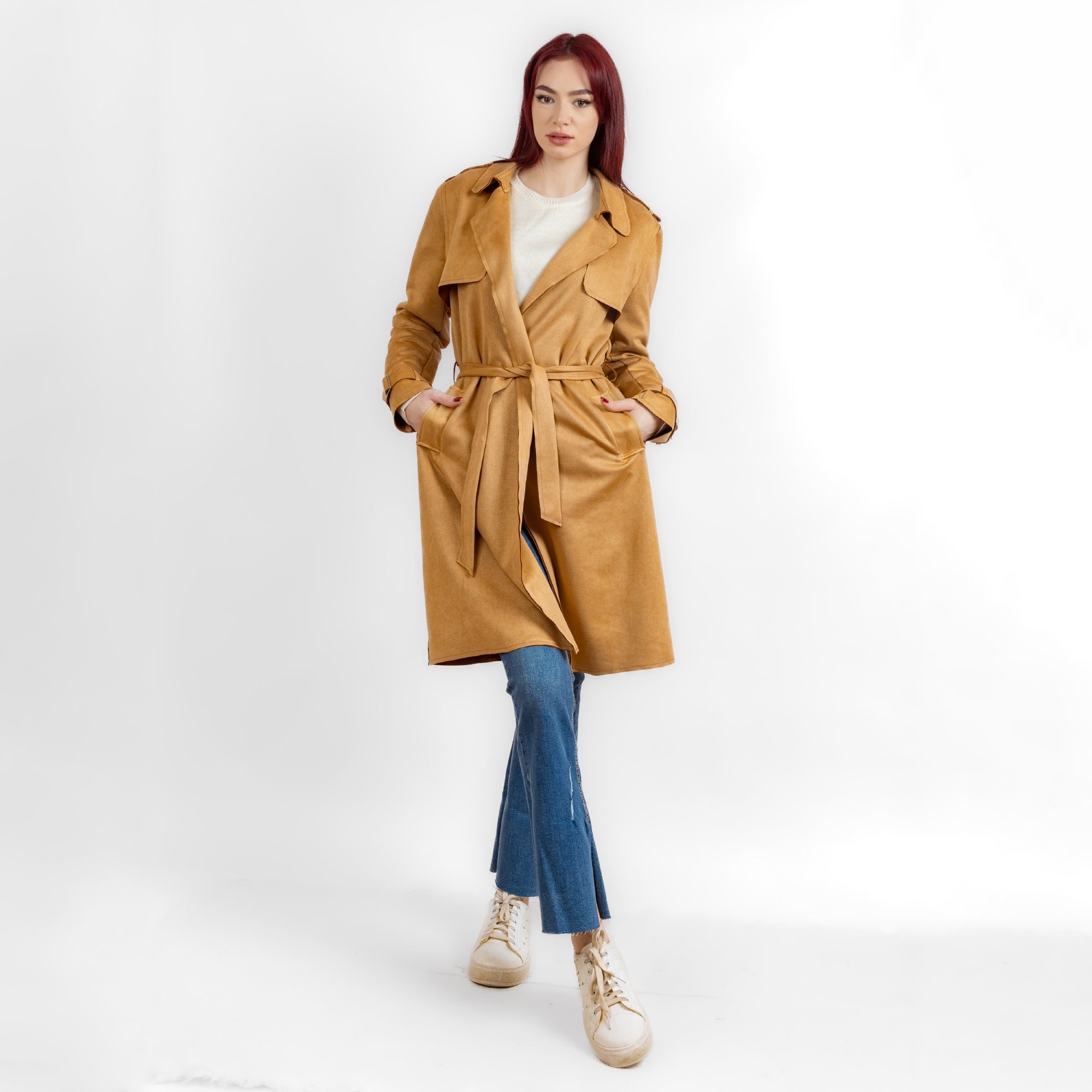 Beige suede open coat with collar w23018