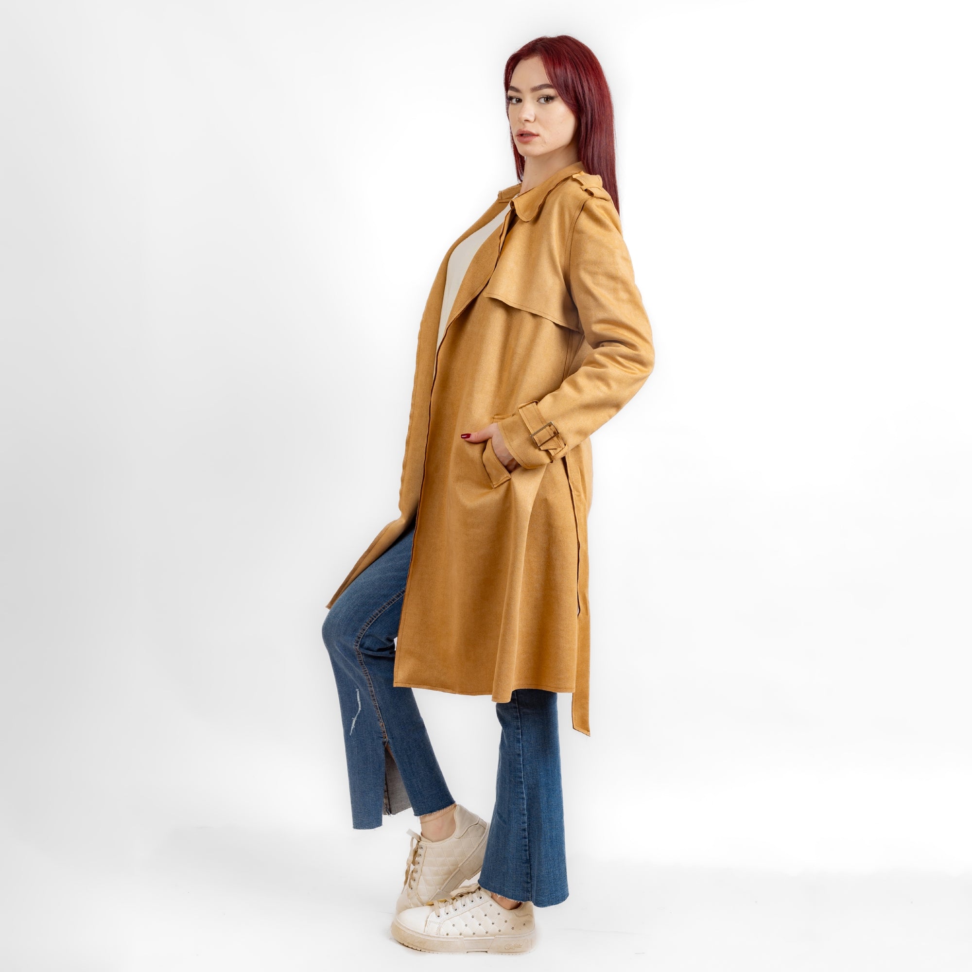 Beige suede open coat with collar w23018