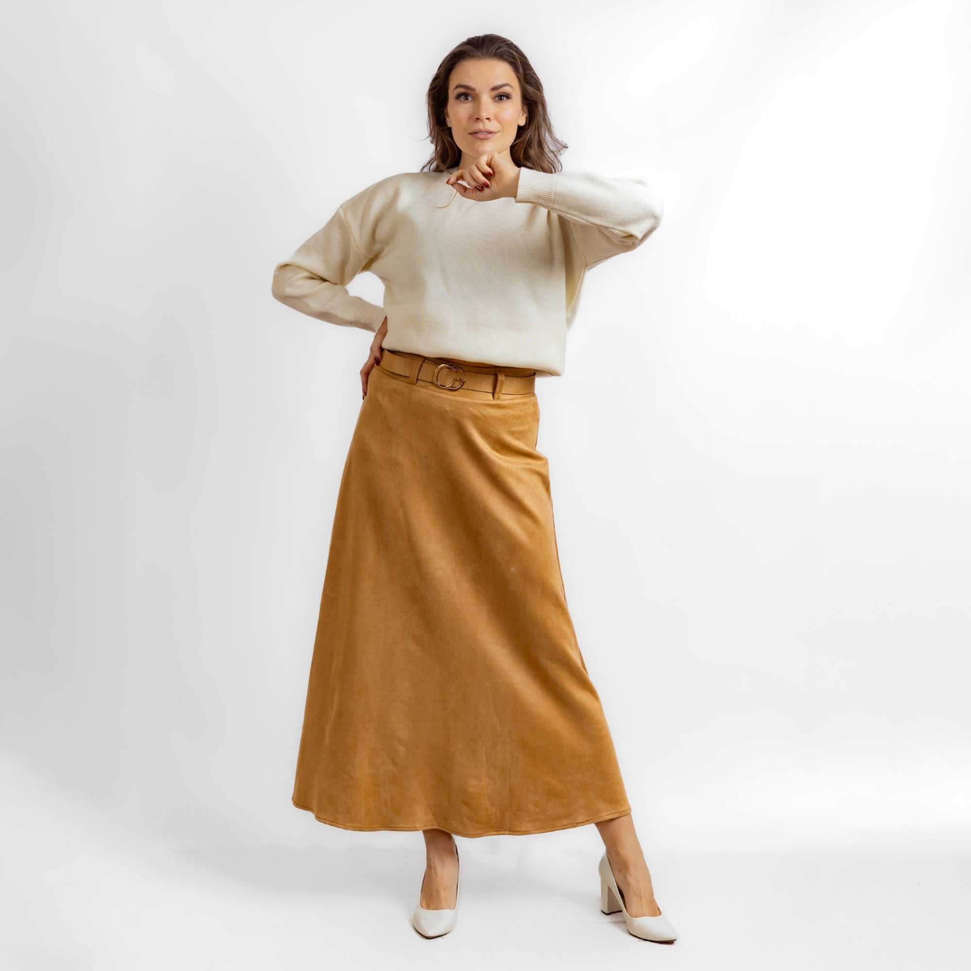 Camel suede long skirt w23007