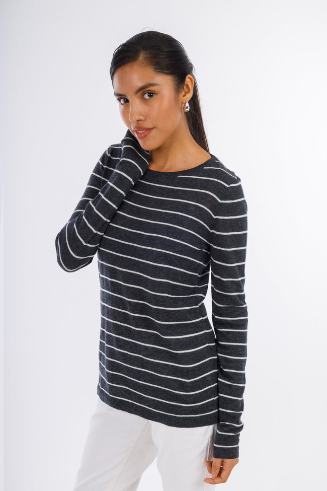 Grey Striped Round-neck Pullover-W24004