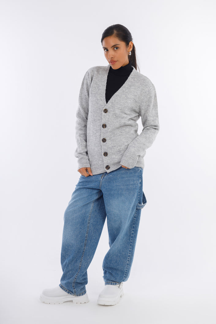 Grey Bonita Buttoned V-neck Pullover -W24005