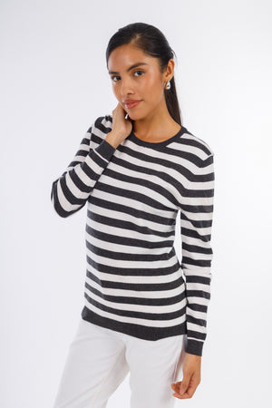 Grey Stripped Round-neck Pullover-W24020