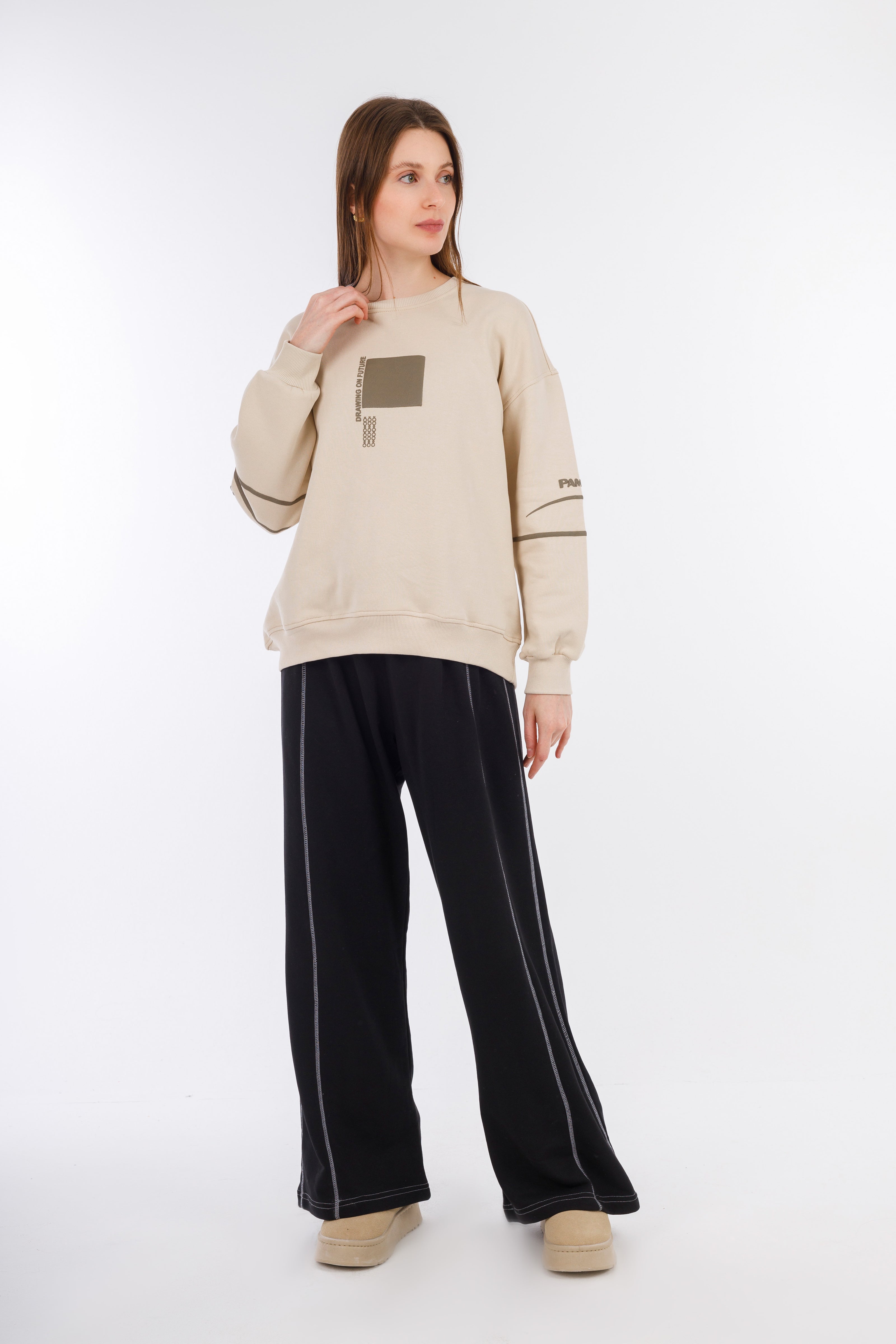 Beige Basic Crew Neck Sweatshirt-w24043