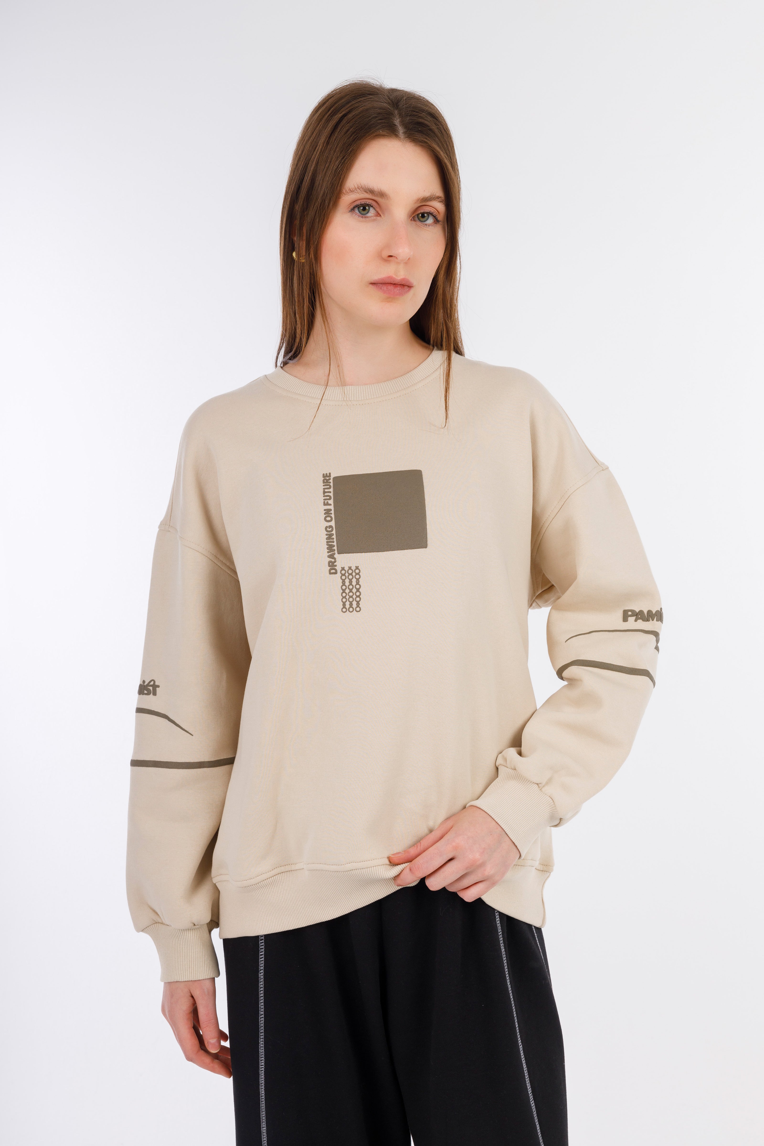 Beige Basic Crew Neck Sweatshirt-w24043