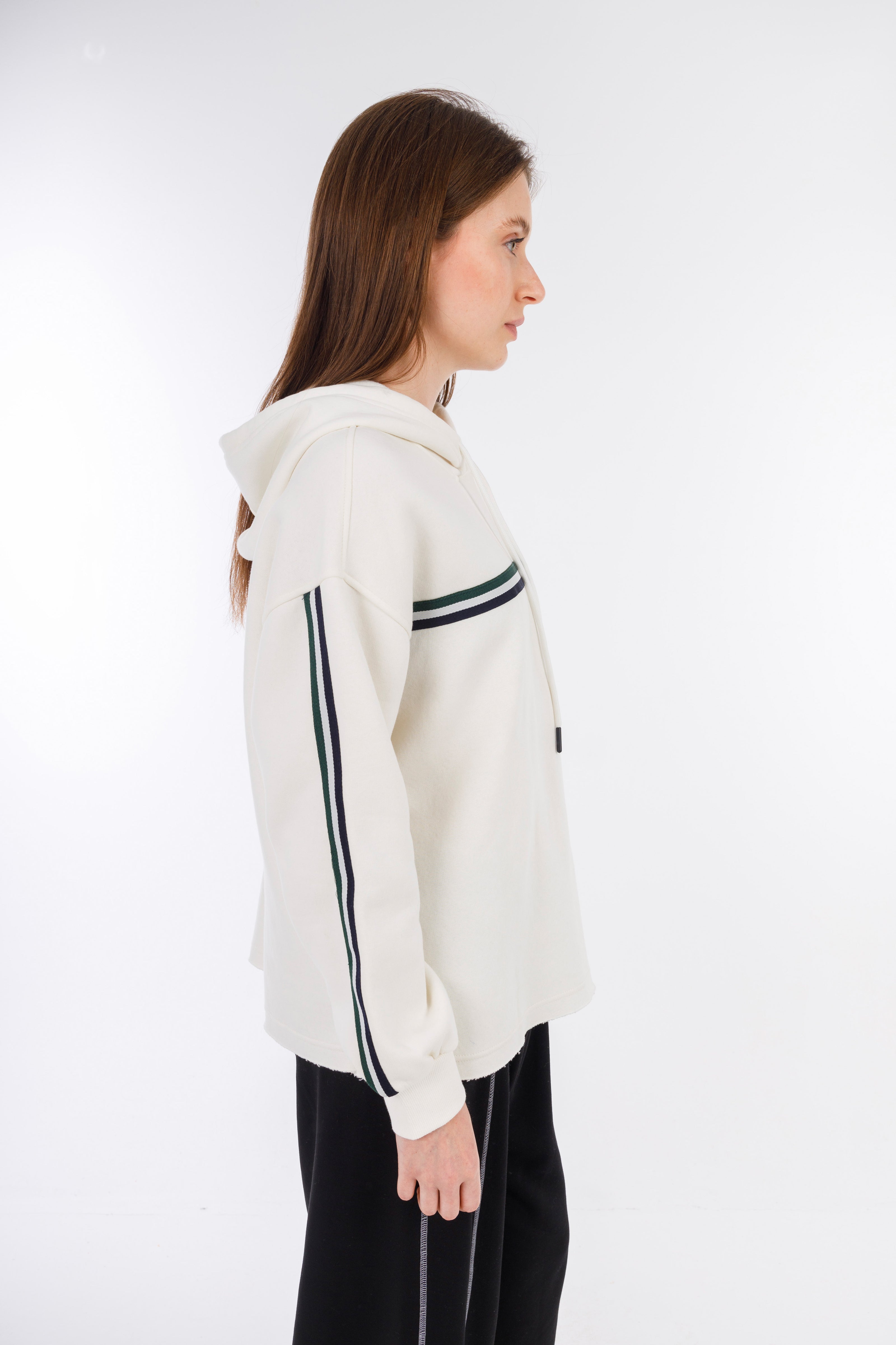 White Hoodie Sweat Shirt Chest & Sleeves Tape-w24045