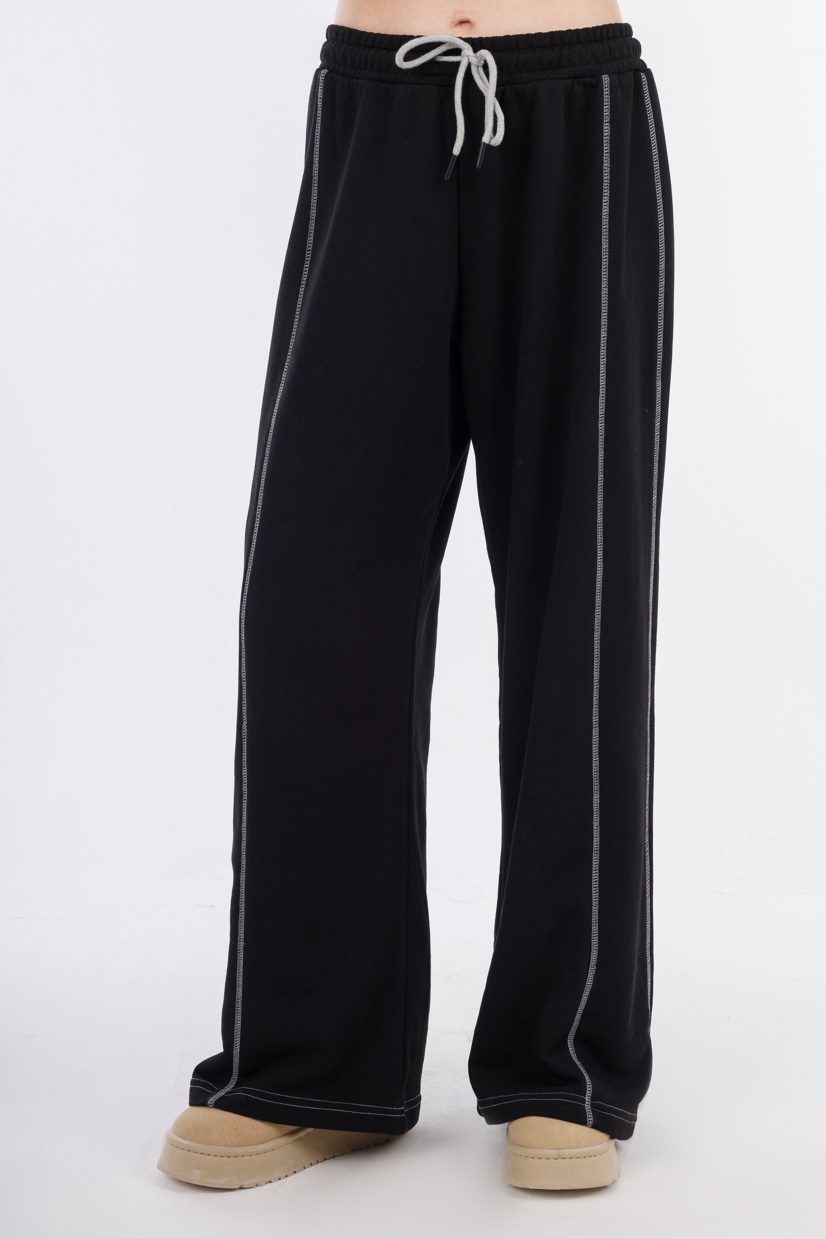 Black Wide Leg Melton Pants Elastic Waist-W24046