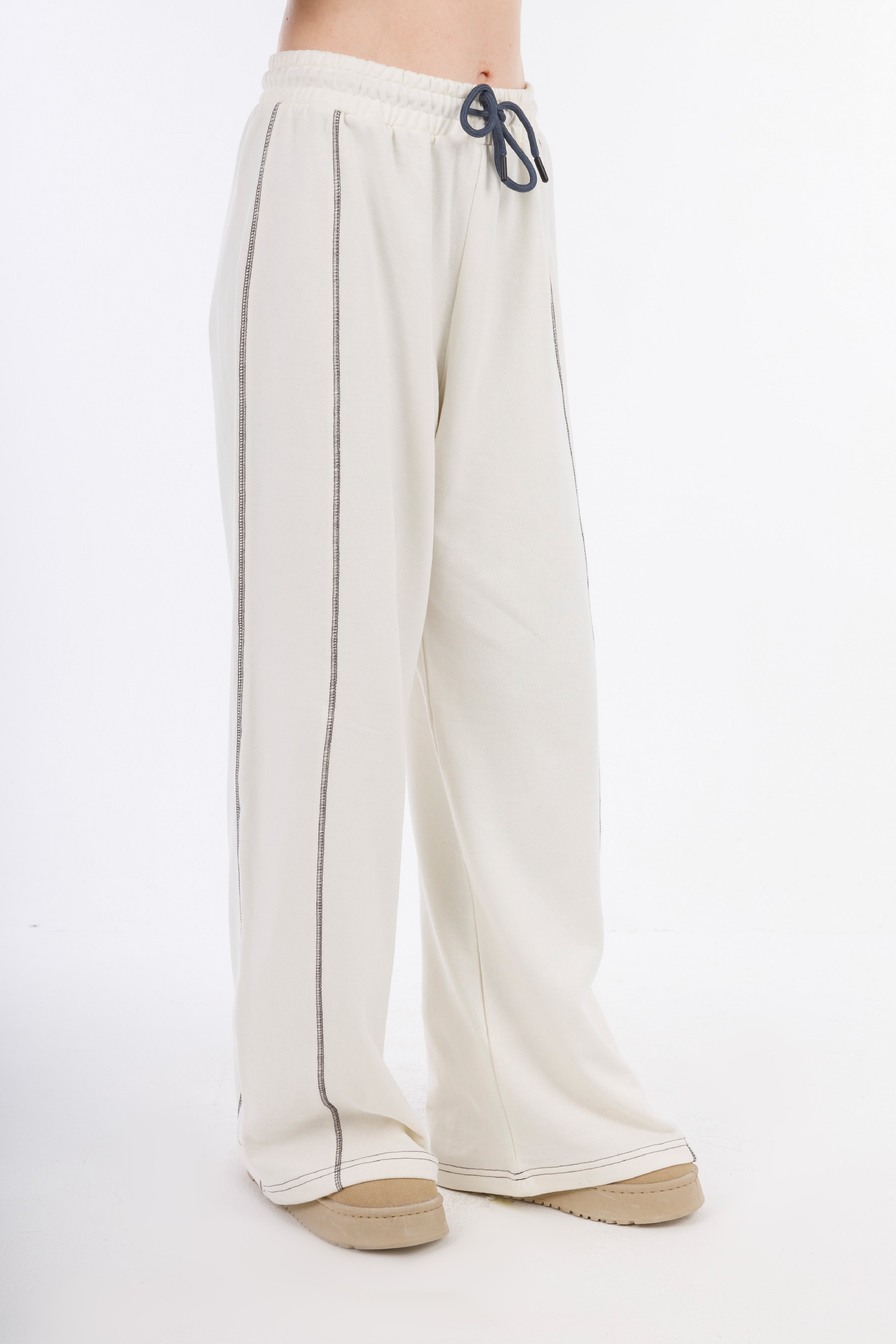 Off Whit Wide Leg Melton Pants Elastic Waist-W24046