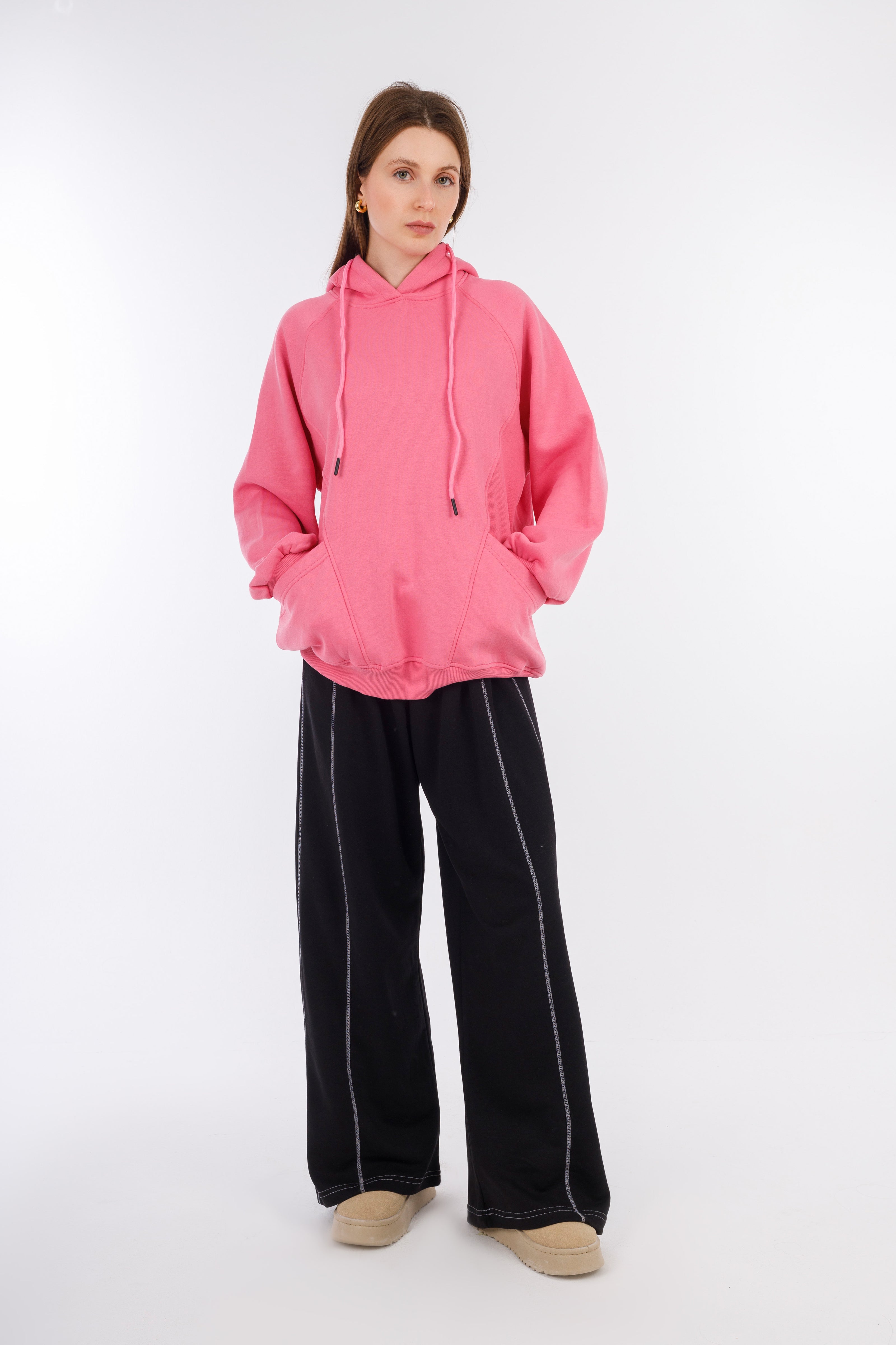 Pink Hoodie Sweatshirt 2 Pockets-w24048