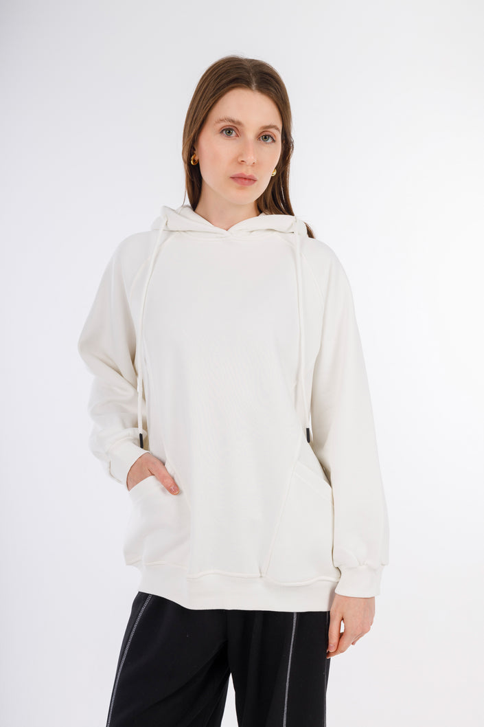 White Hoodie Sweatshirt 2 Pockets-w24048