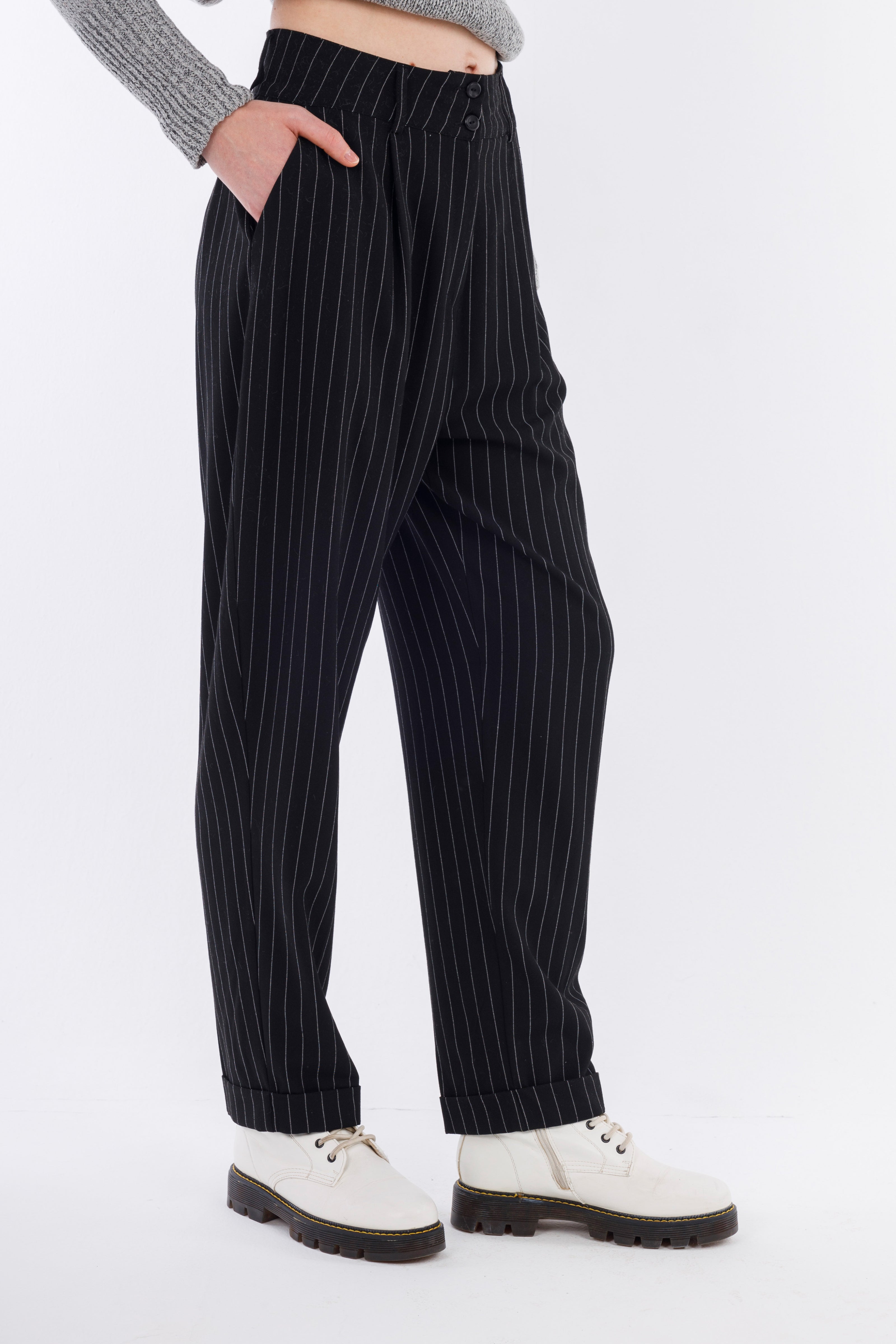 Black Normal Leg Stripped Pants-W24052