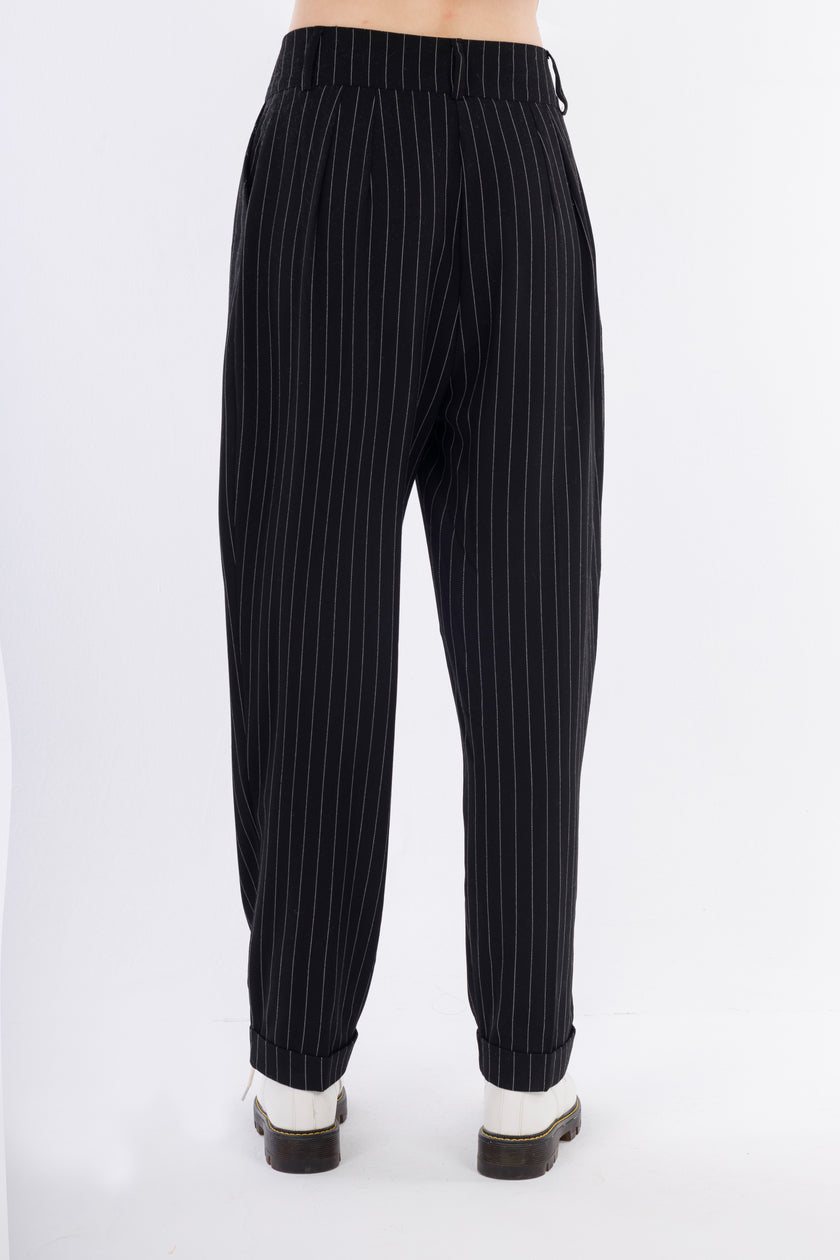 Black Normal Leg Stripped Pants-(W24052)