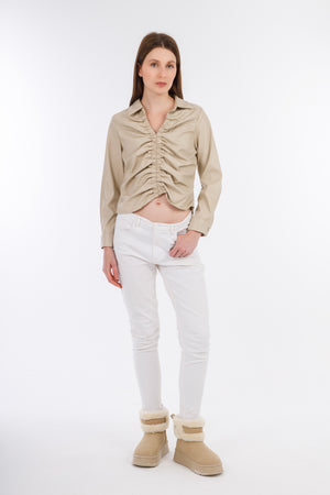 Beige Short Leather Elastic Blouse-W24078