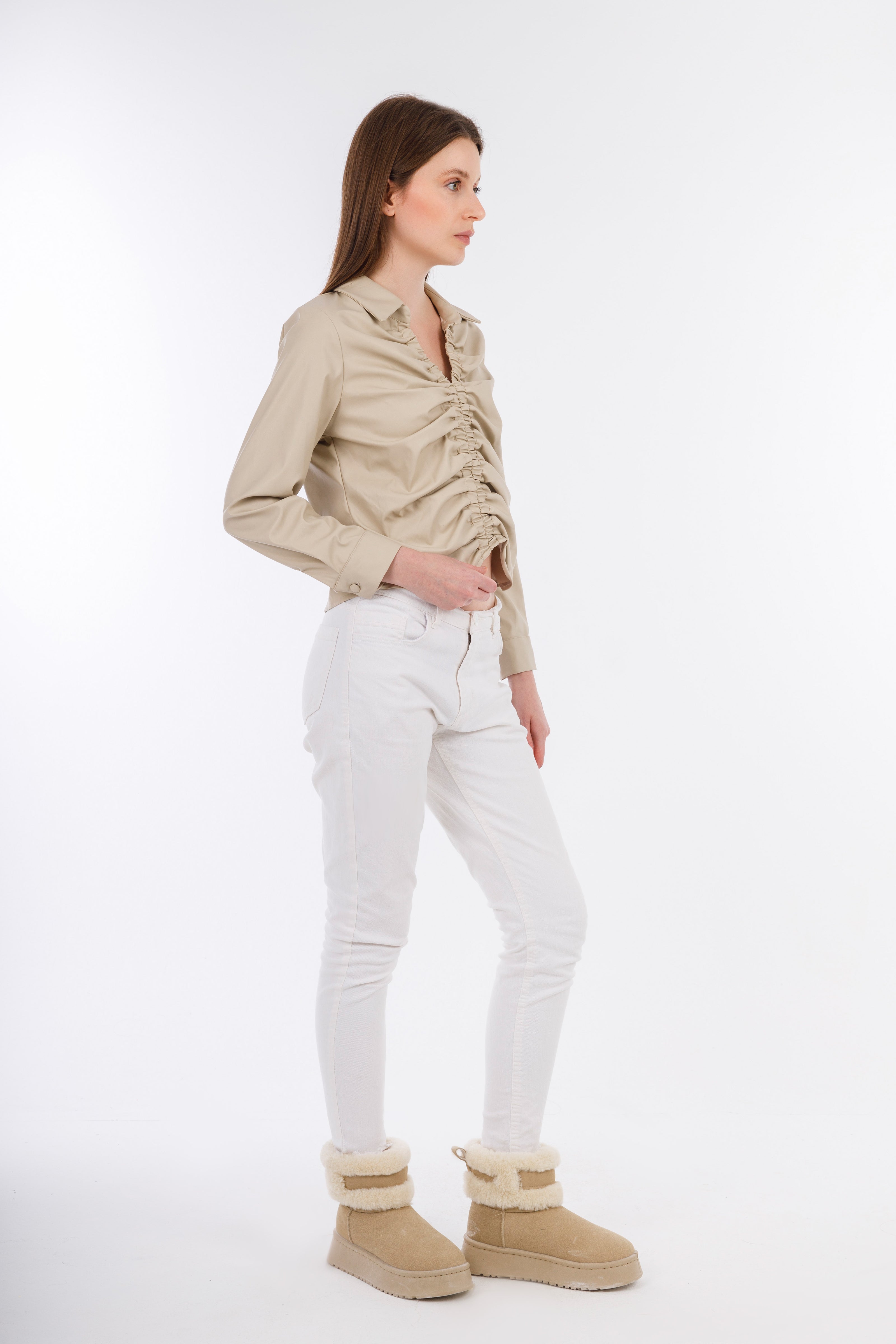 Beige Short Leather Elastic Blouse-W24078