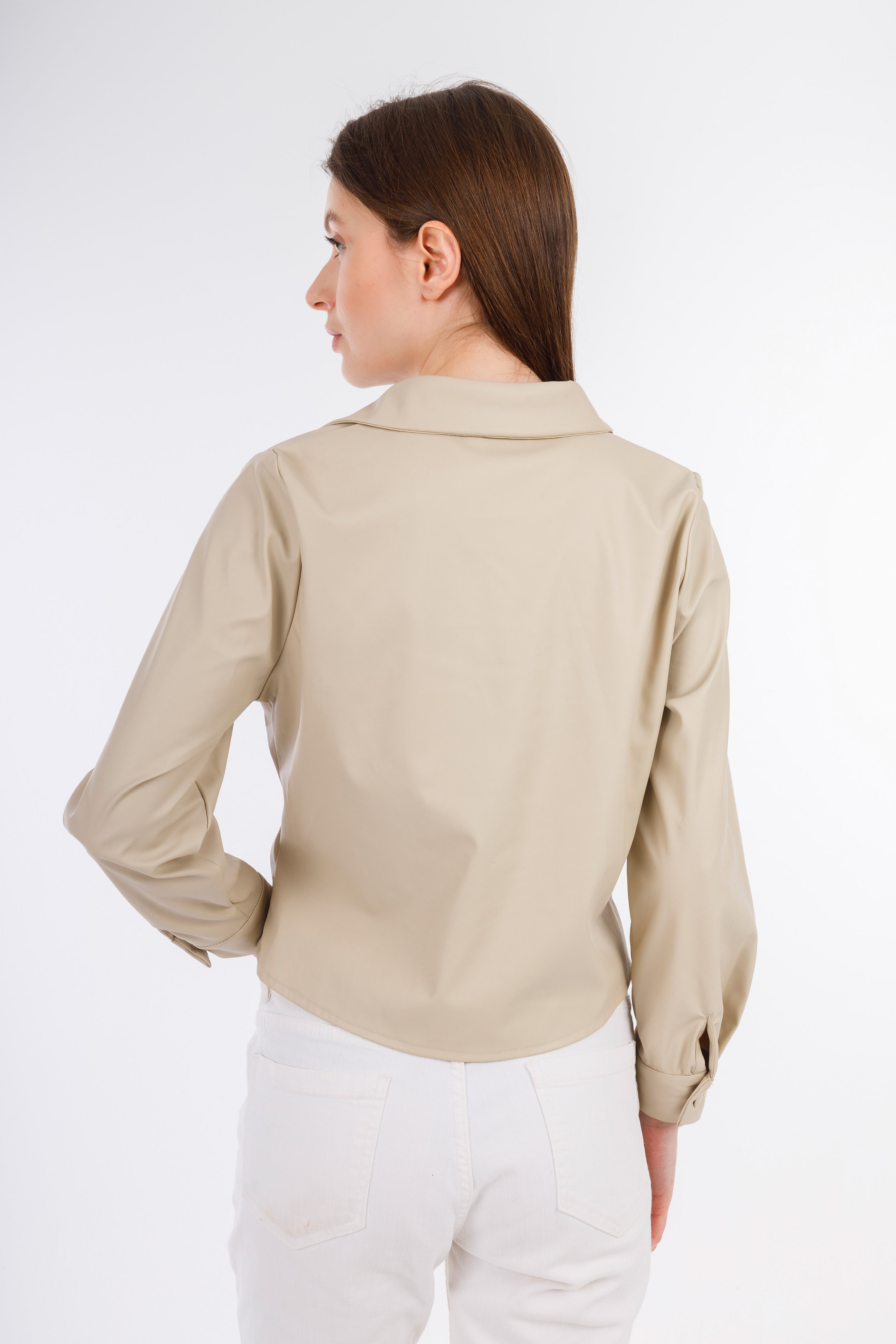 Beige Short Leather Elastic Blouse-W24078