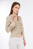 Beige Short Leather Elastic Blouse-W24078