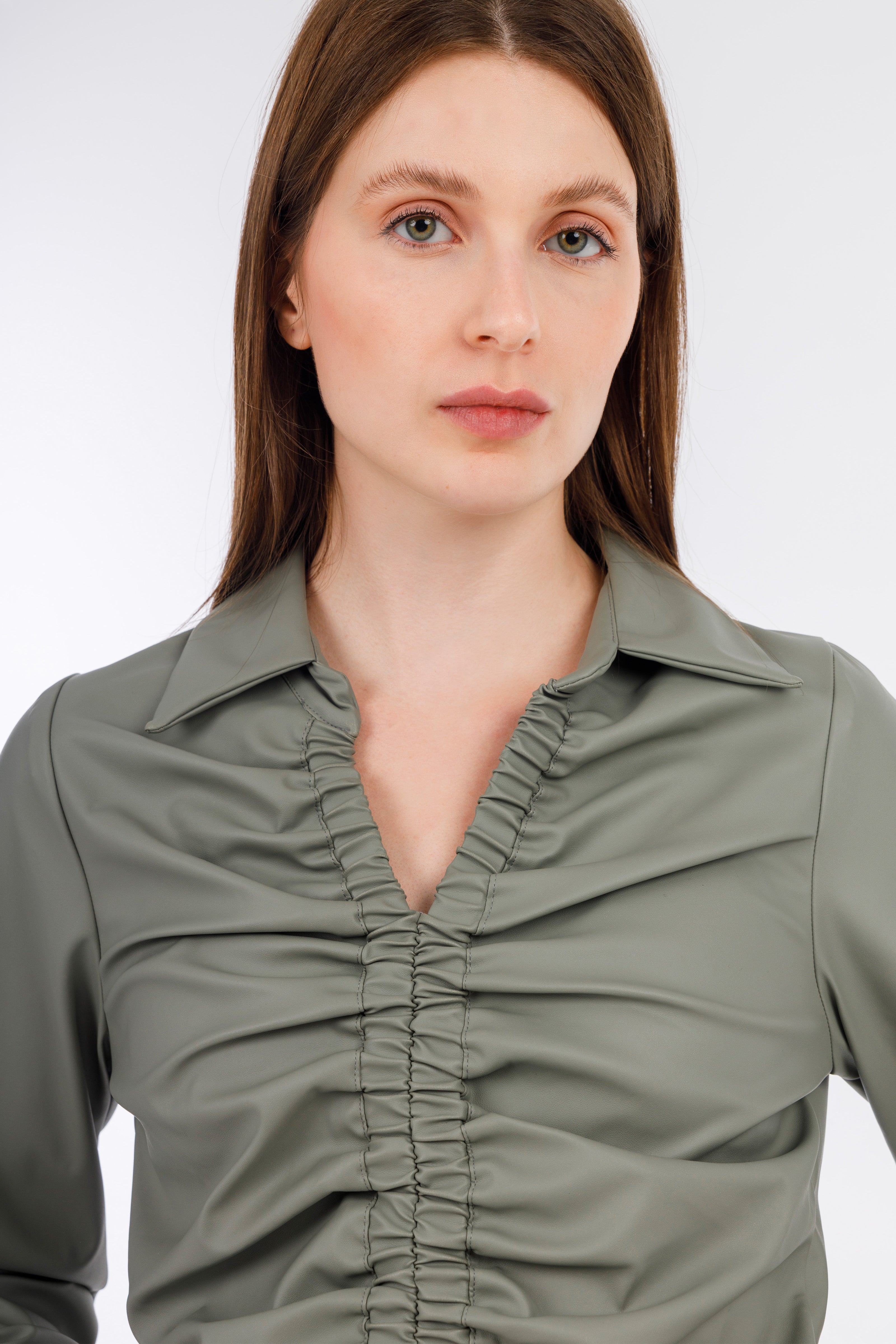 Mint Short Leather Elastic Blouse-W24078