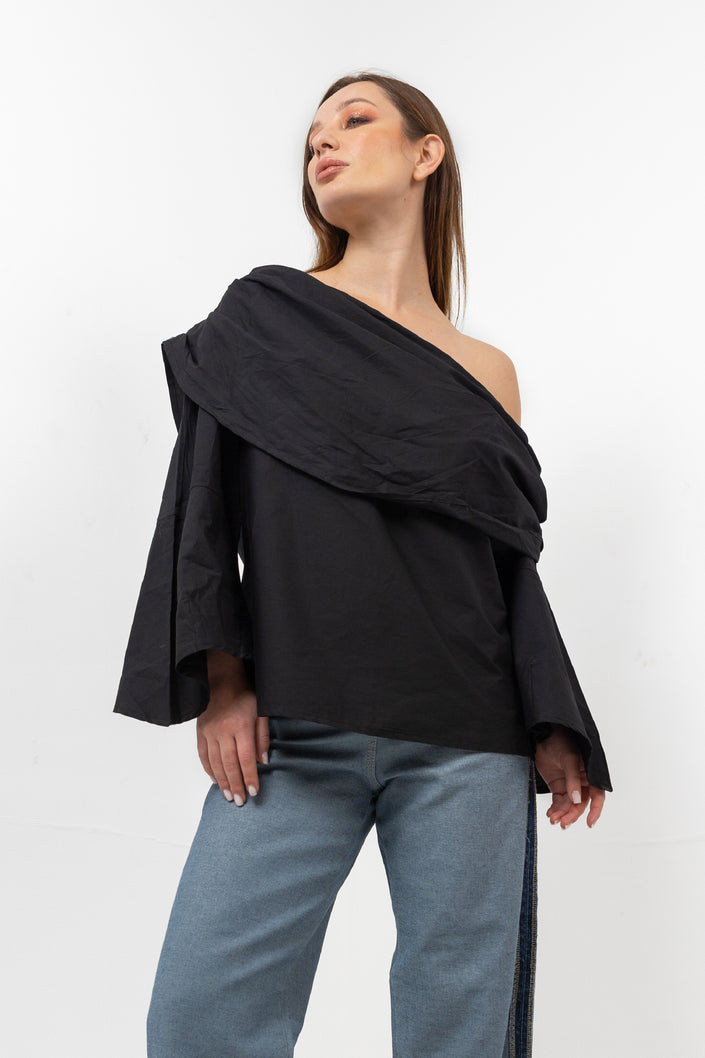 Black poplin shoulder blouse s24068