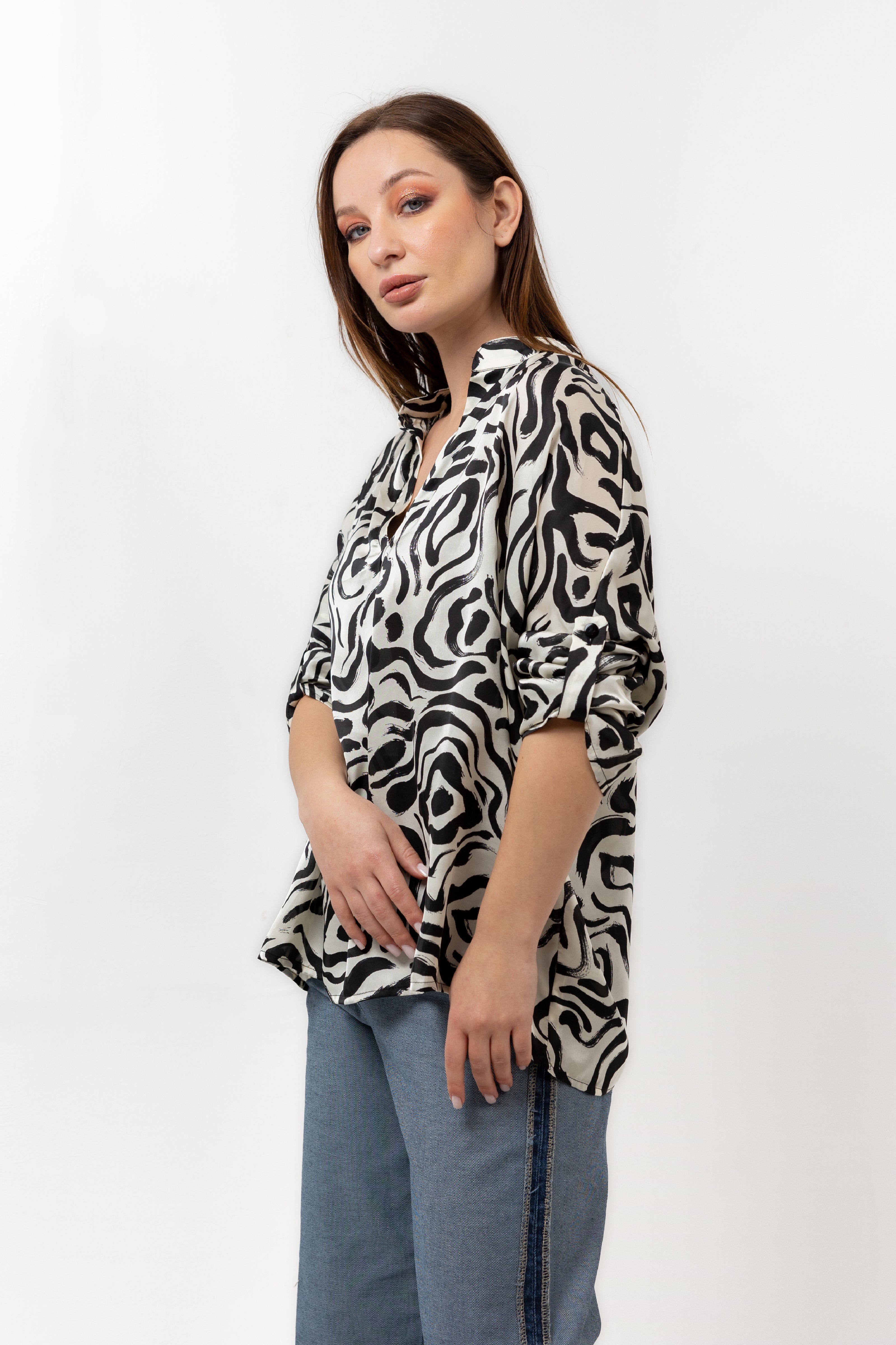 BLACK SATIN PRINTED BLOUSE S24050