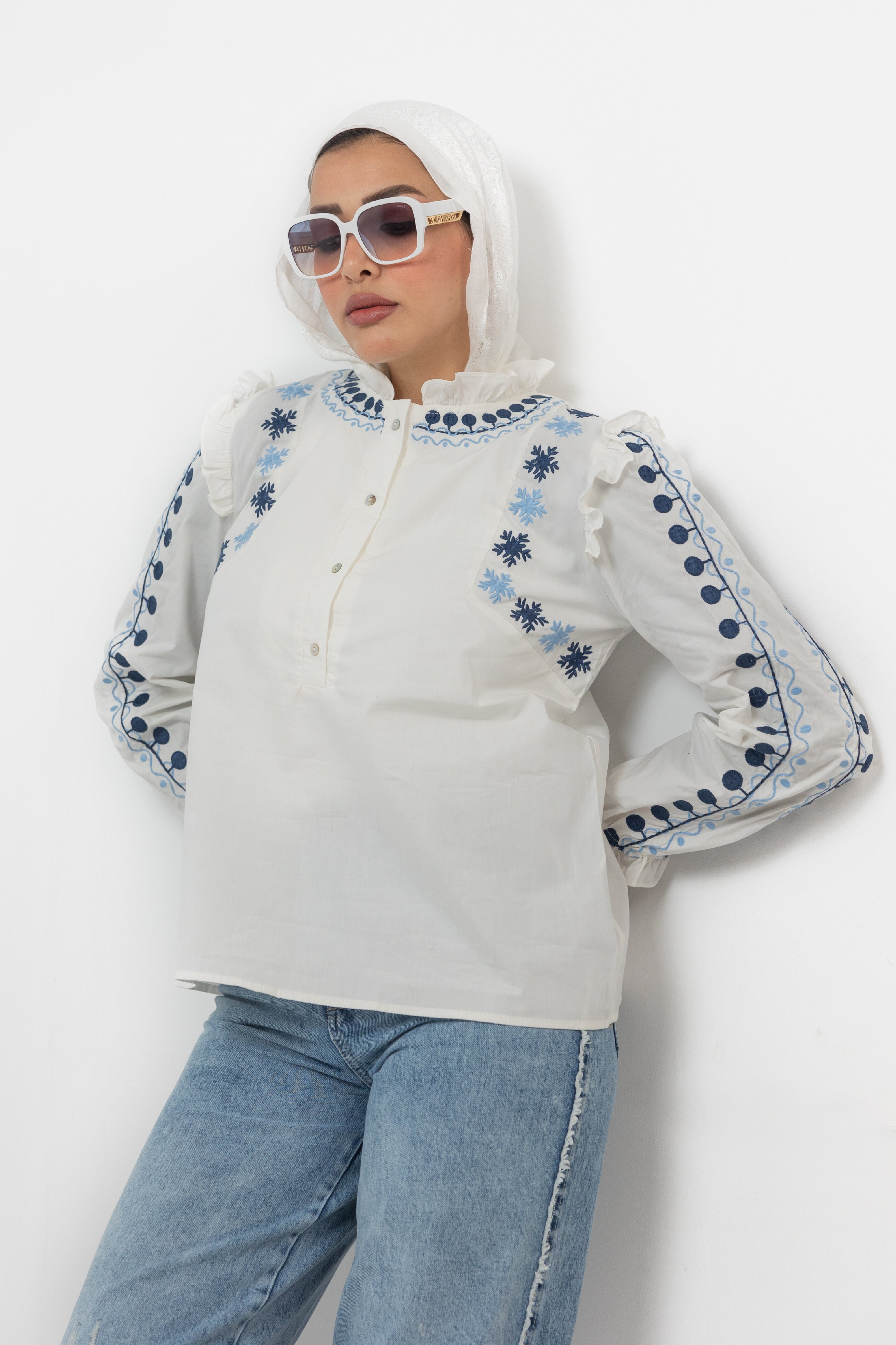 White COTTON EMPRO. CHEST & SLEEVES BLOUSE S24039