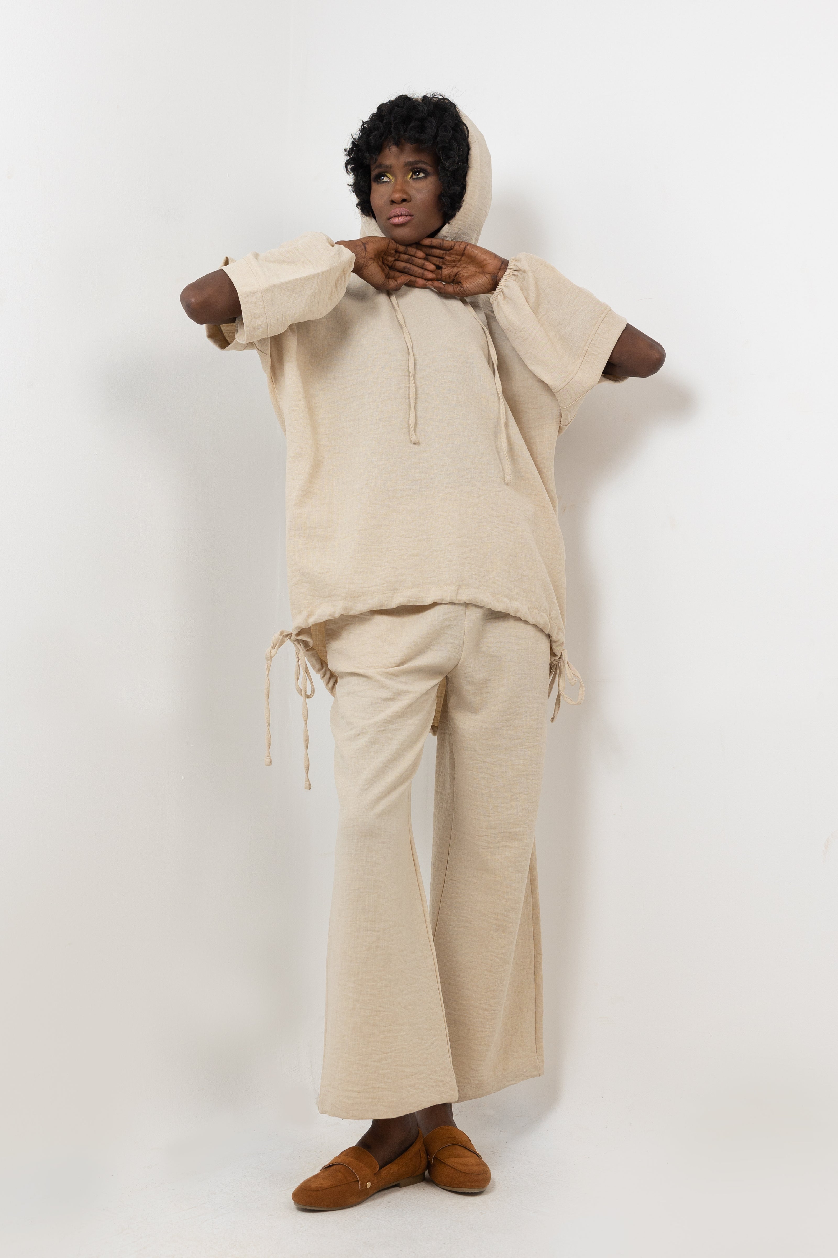 BEIGE Linen SET HOODIE  TOP + WIDE LEG PANTS S24110