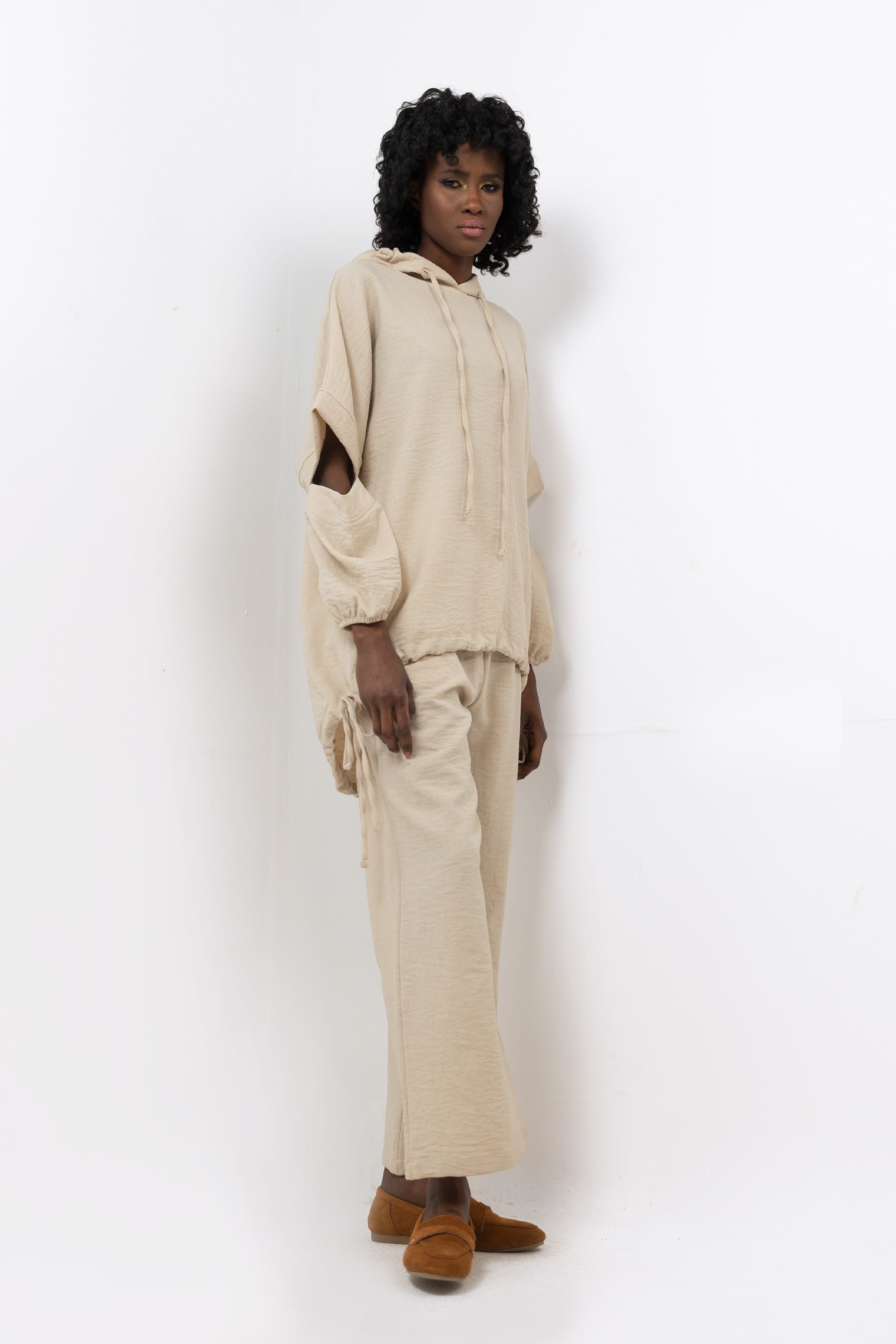 BEIGE Linen SET HOODIE  TOP + WIDE LEG PANTS S24110