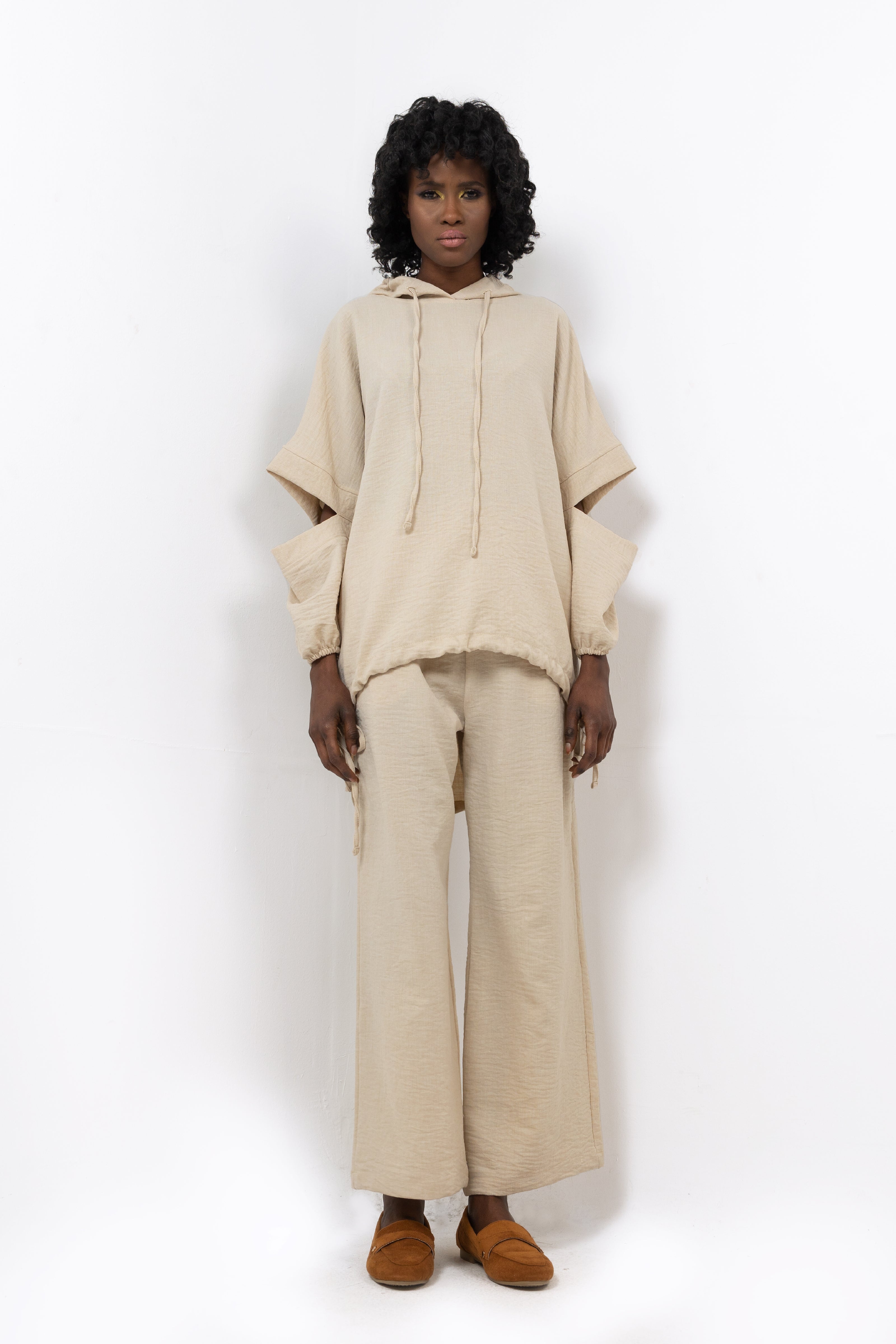 BEIGE Linen SET HOODIE  TOP + WIDE LEG PANTS S24110