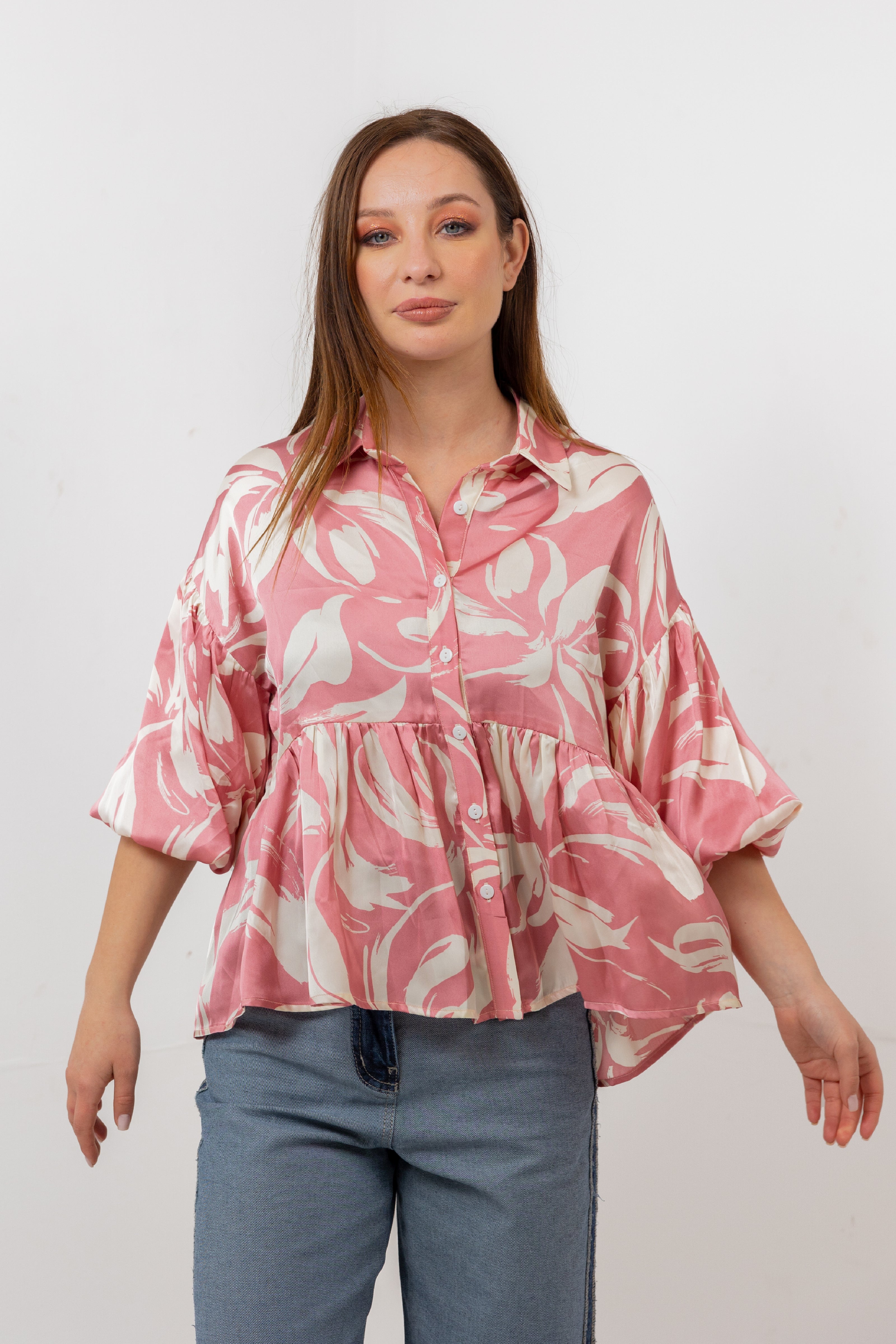 FUSHIA SATIN SHORT PRINTED BLOUSE S24048