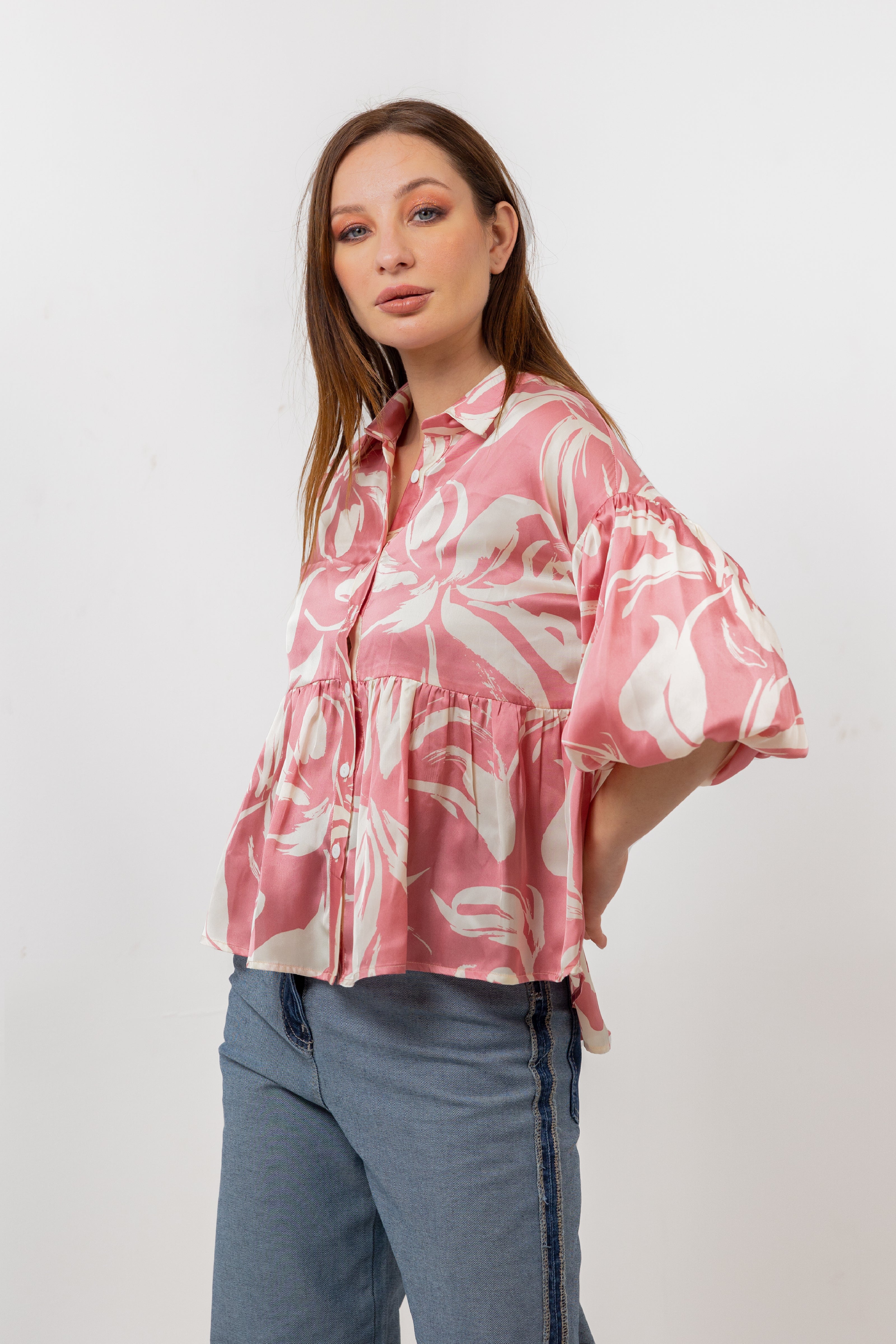 FUSHIA SATIN SHORT PRINTED BLOUSE S24048